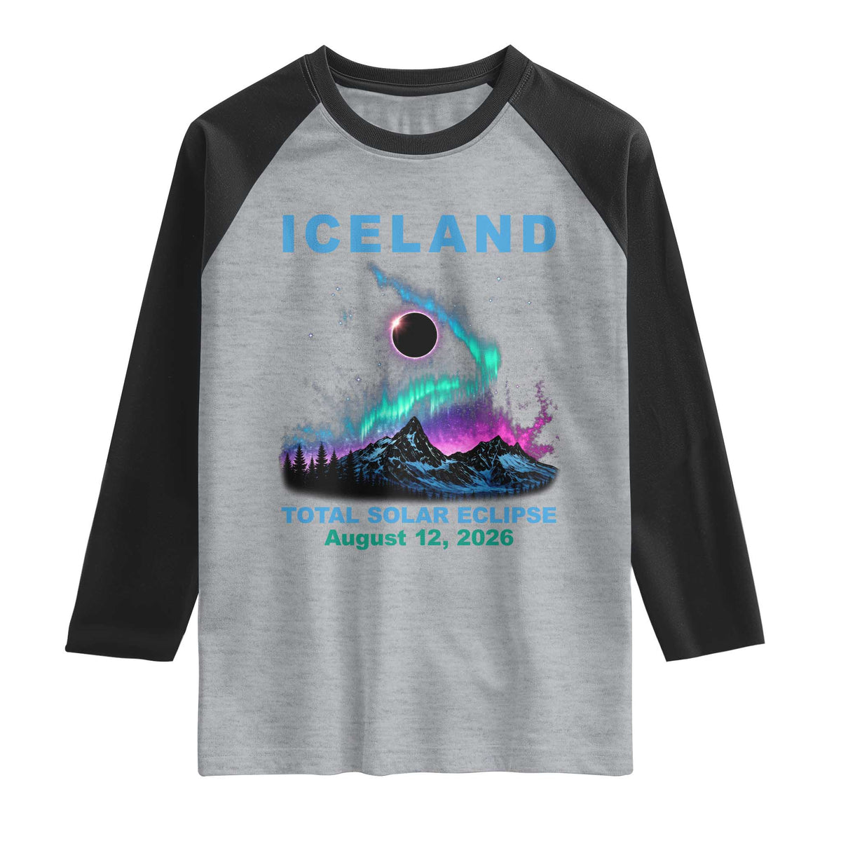 Iceland Total Solar Eclipse 2026 Raglan Shirt August 12 Eclipse Totality Chaser Aurora Northern Lights TS11 Heather Gray Black Print Your Wear