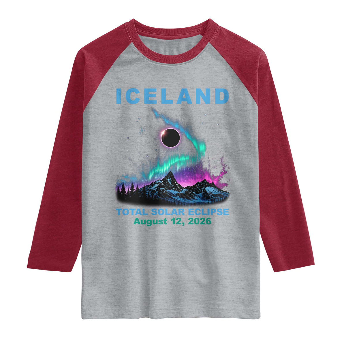Iceland Total Solar Eclipse 2026 Raglan Shirt August 12 Eclipse Totality Chaser Aurora Northern Lights TS11 Heather Gray Heather Red Print Your Wear