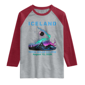Iceland Total Solar Eclipse 2026 Raglan Shirt August 12 Eclipse Totality Chaser Aurora Northern Lights TS11 Heather Gray Heather Red Print Your Wear