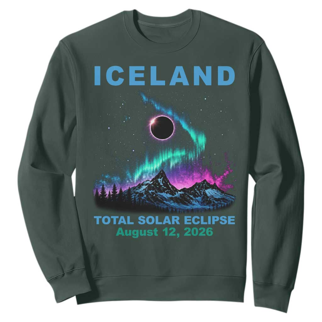 Iceland Total Solar Eclipse 2026 Sweatshirt August 12 Eclipse Totality Chaser Aurora Northern Lights TS11 Dark Forest Green Print Your Wear