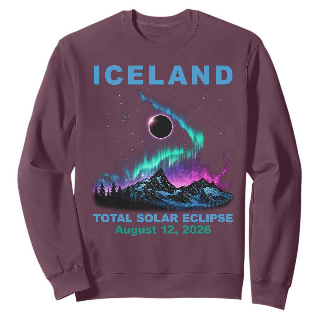 Iceland Total Solar Eclipse 2026 Sweatshirt August 12 Eclipse Totality Chaser Aurora Northern Lights TS11 Maroon Print Your Wear