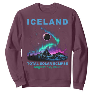 Iceland Total Solar Eclipse 2026 Sweatshirt August 12 Eclipse Totality Chaser Aurora Northern Lights TS11 Maroon Print Your Wear