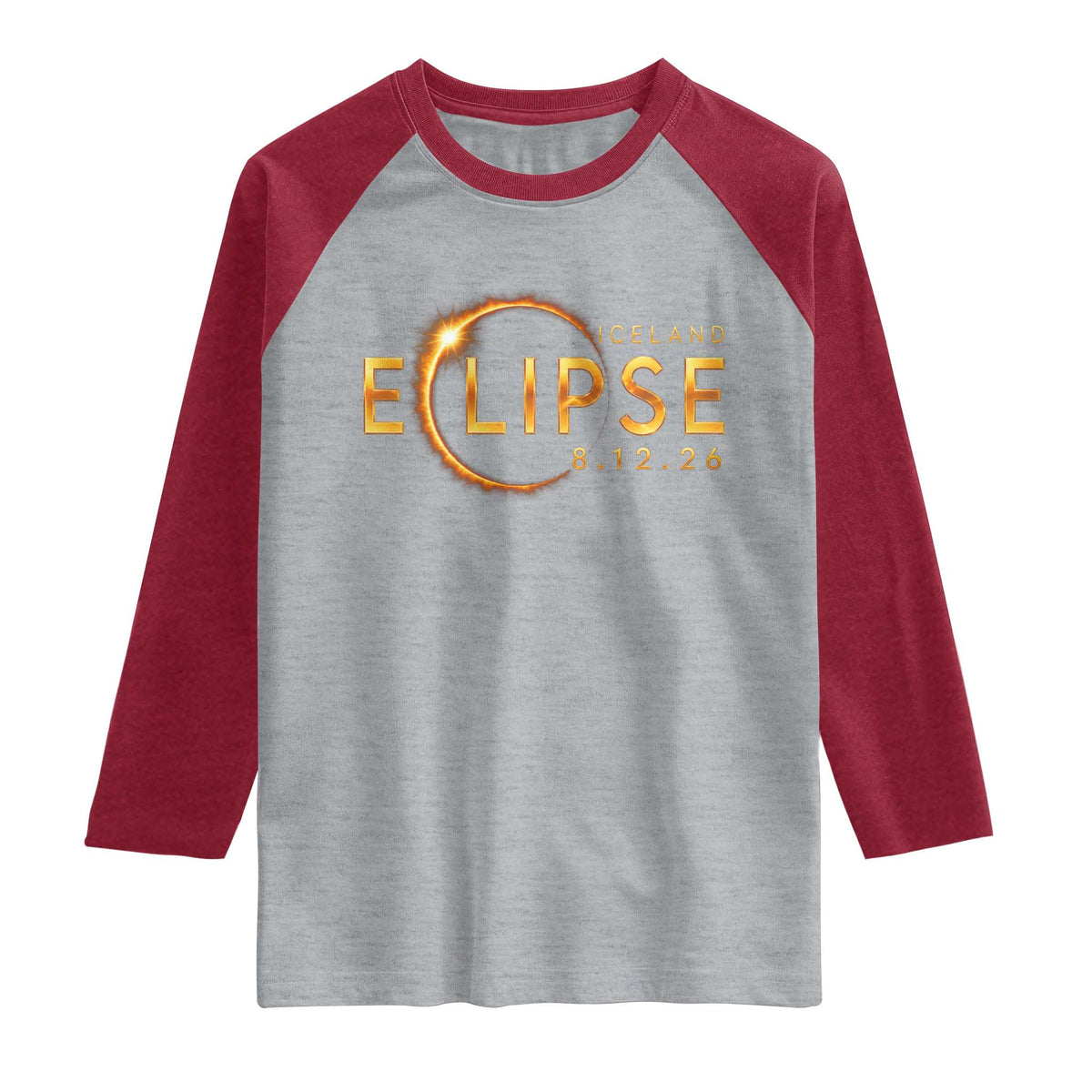 Iceland Eclipse 2026 Raglan Shirt August 12 26 Solar Eclipse Totality TS11 Heather Gray Heather Red Print Your Wear