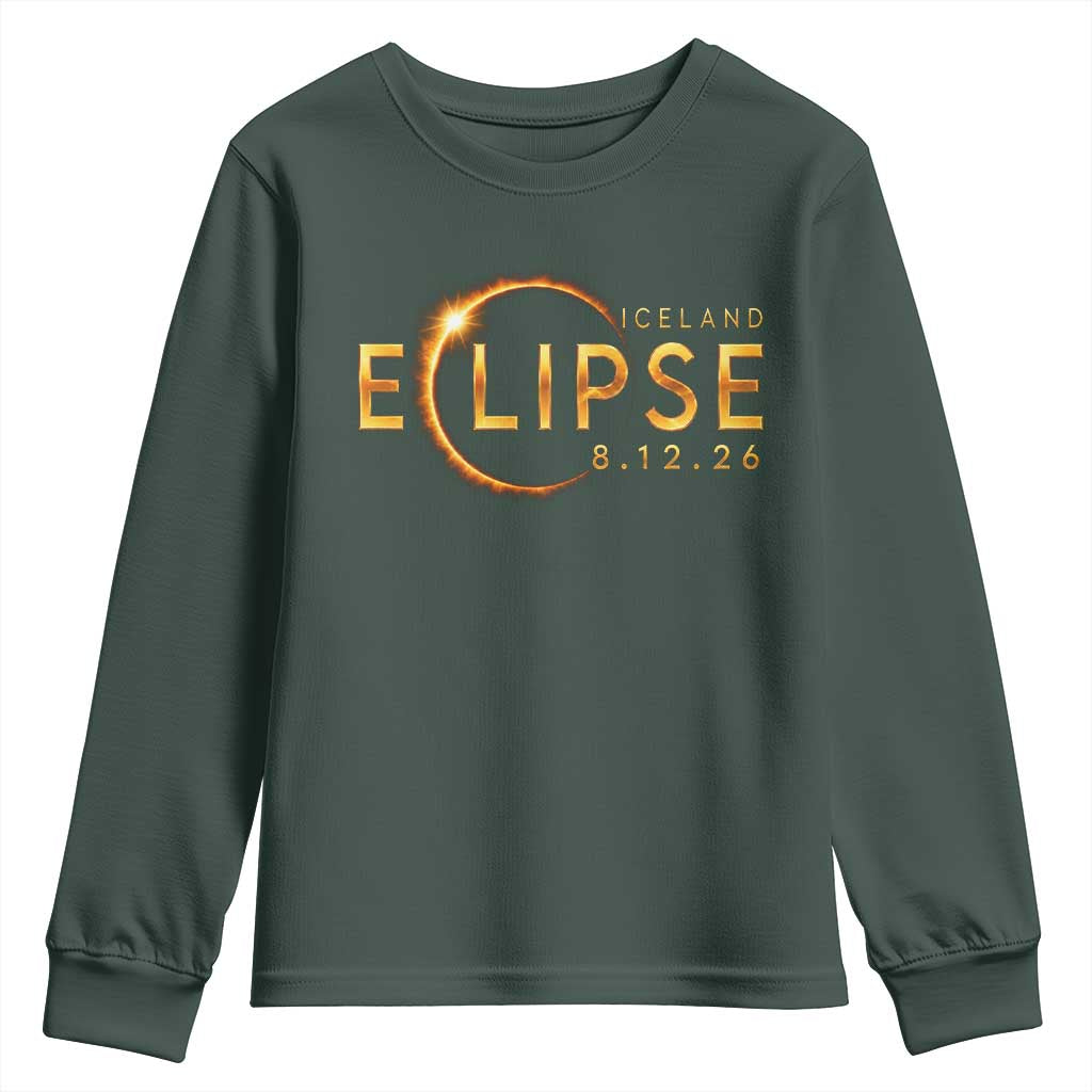 Iceland Eclipse 2026 Youth Sweatshirt August 12 26 Solar Eclipse Totality TS11 Dark Forest Green Print Your Wear