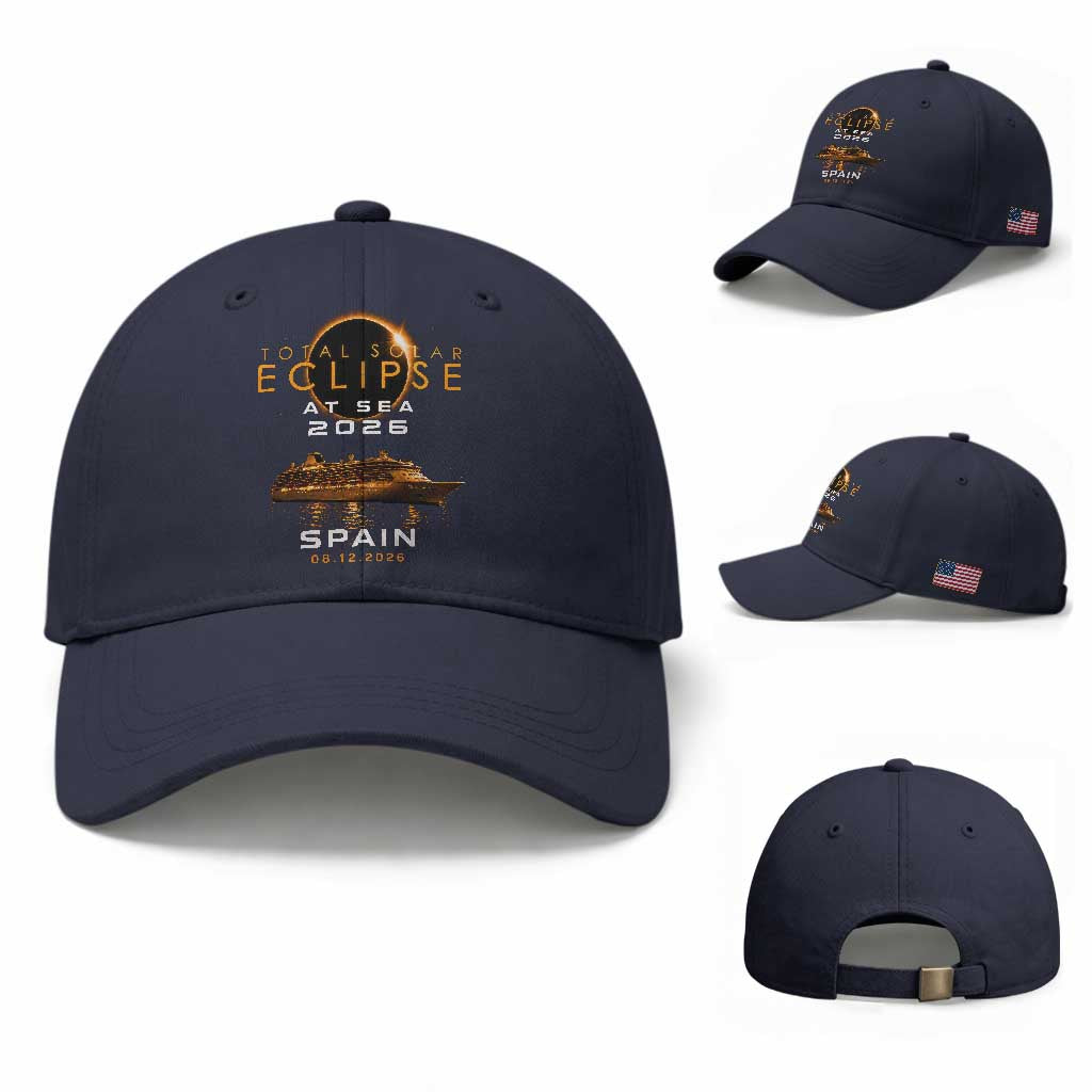 Spain Total Solar Eclipse 2026 At Sea Cruise Baseball Cap TS11 Baseball Cap Universal Fit Navy Print Your Wear