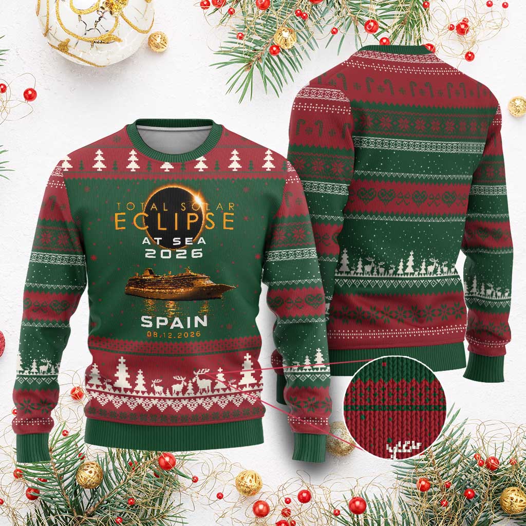 Spain Total Solar Eclipse 2026 At Sea Cruise Ugly Christmas Sweater TS11 Red Green Print Your Wear