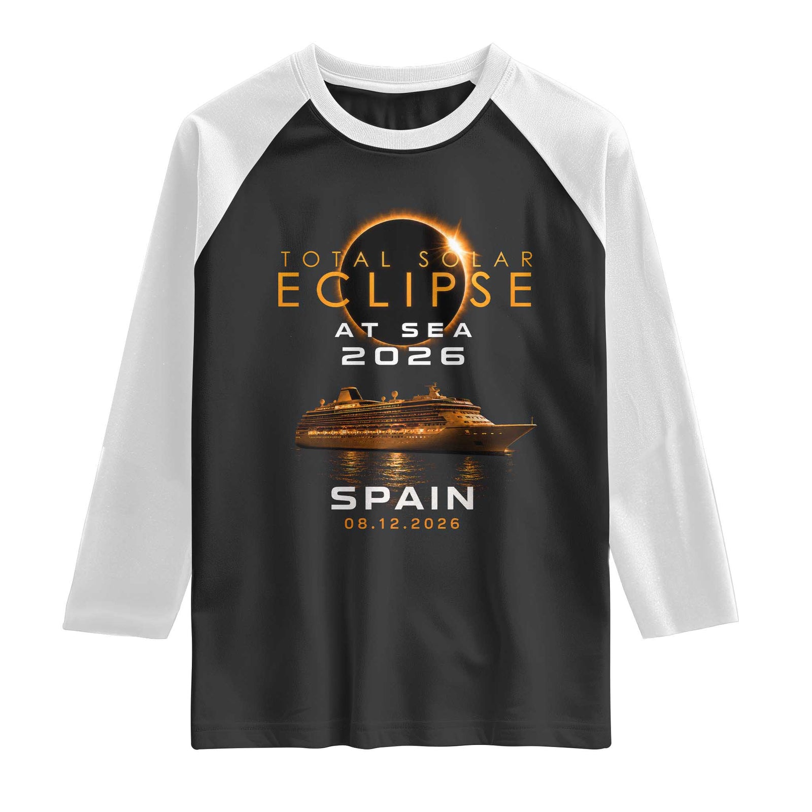 Spain Total Solar Eclipse 2026 At Sea Cruise Raglan Shirt TS11 Black White Print Your Wear
