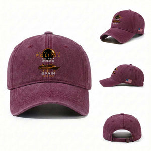 Spain Total Solar Eclipse 2026 At Sea Cruise Washed Cotton Baseball Cap TS11 Washed Cap Universal Fit Burgundy Print Your Wear