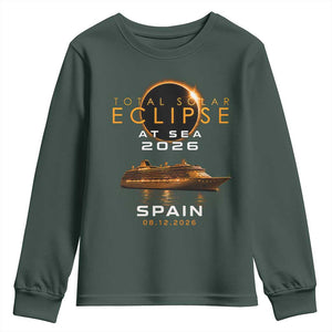 Spain Total Solar Eclipse 2026 At Sea Cruise Youth Sweatshirt TS11 Dark Forest Green Print Your Wear