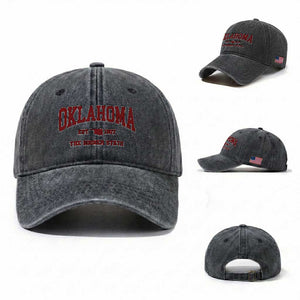 Oklahoma Sports Throwback Design Jersey Style Washed Cotton Baseball Cap TS11 Washed Cap Universal Fit Dark Gray Print Your Wear