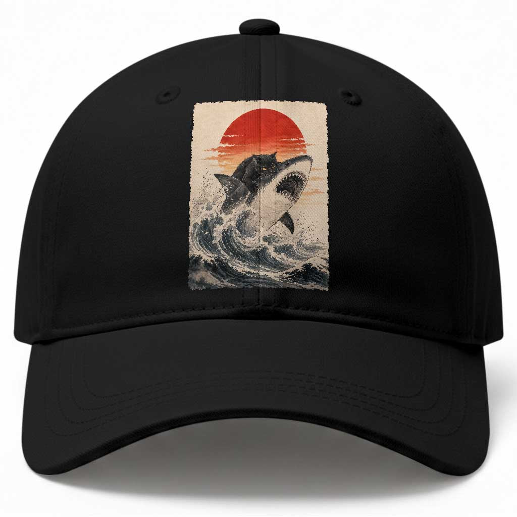 Black Cat Hunting Shark Ukiyo e Ocean Art Baseball Cap Funny Japanese Style Graphic TS11 Print Your Wear