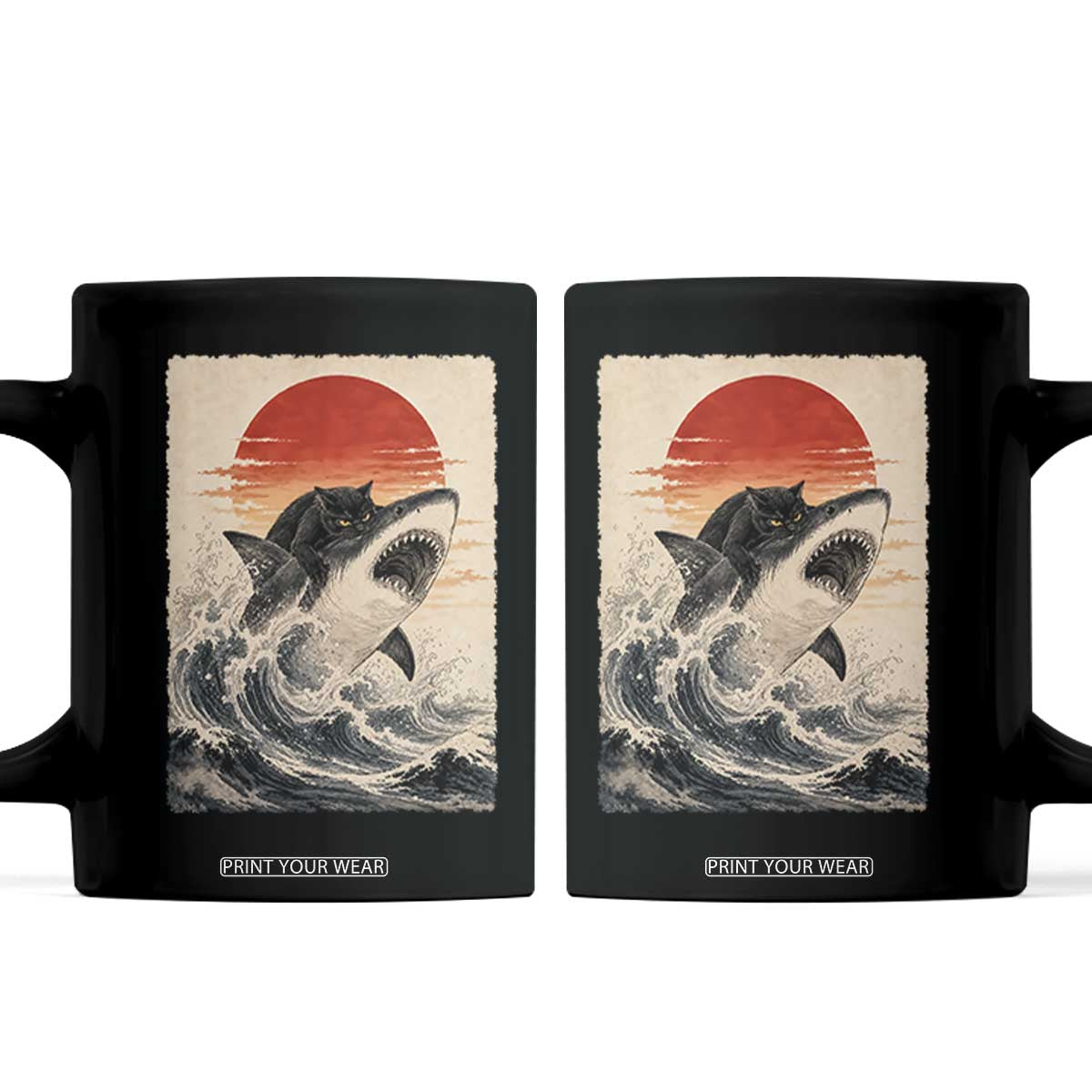 Black Cat Hunting Shark Ukiyo e Ocean Art Coffee Mug Funny Japanese Style Graphic TS11 Black Print Your Wear