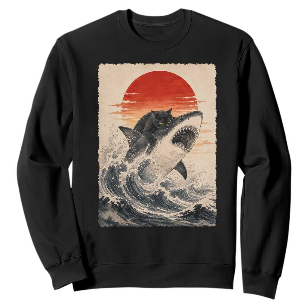 Black Cat Hunting Shark Ukiyo e Ocean Art Sweatshirt Funny Japanese Style Graphic TS11 Black Print Your Wear