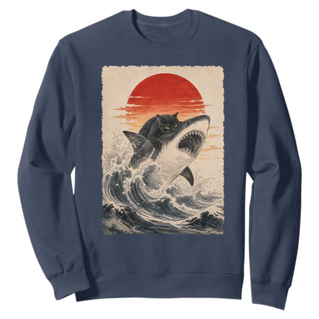 Black Cat Hunting Shark Ukiyo e Ocean Art Sweatshirt Funny Japanese Style Graphic TS11 Navy Print Your Wear