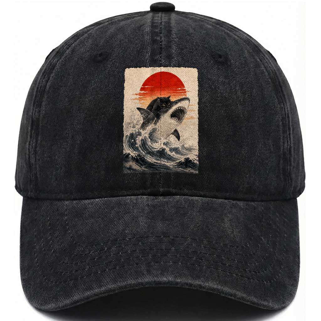 Black Cat Hunting Shark Ukiyo e Ocean Art Washed Cotton Baseball Cap Funny Japanese Style Graphic TS11 Print Your Wear