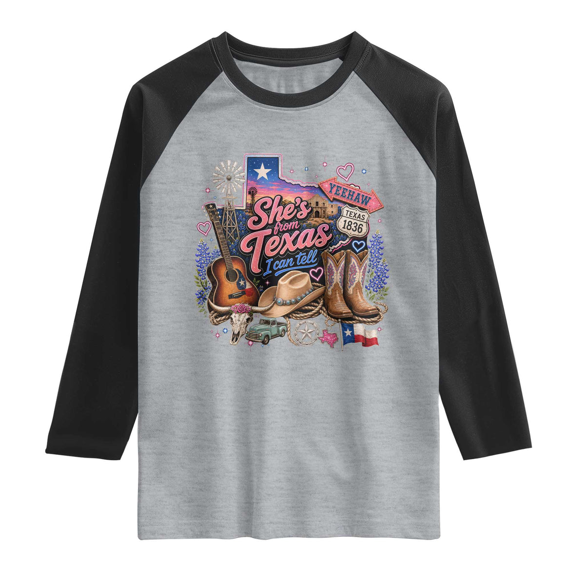 She Is From Texas I Can Tell Raglan Shirt Texas Girl Pride TS11 Heather Gray Black Print Your Wear