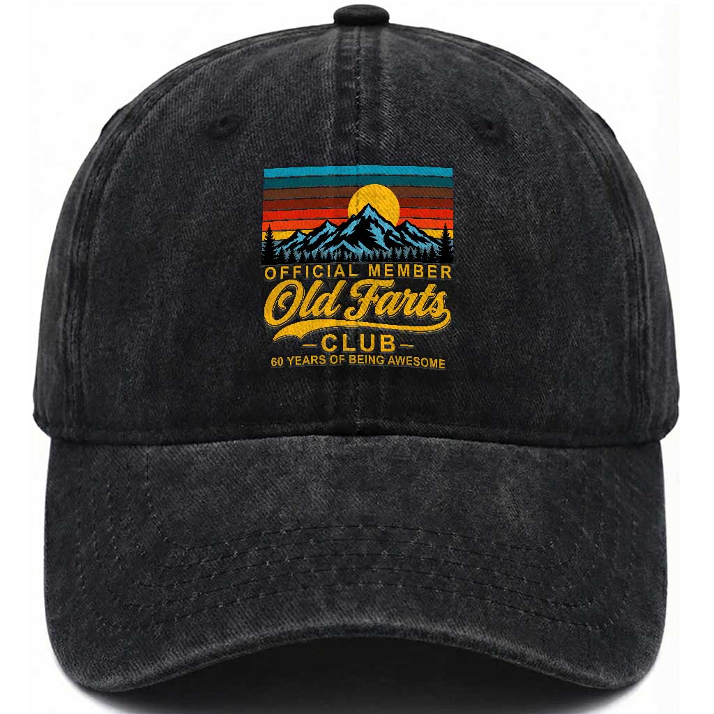 60th Birthday Official Member Old Fart Club Washed Cotton Baseball Cap 60 Years of Being Awesome Funny Fart Joke Retro TS11 Print Your Wear