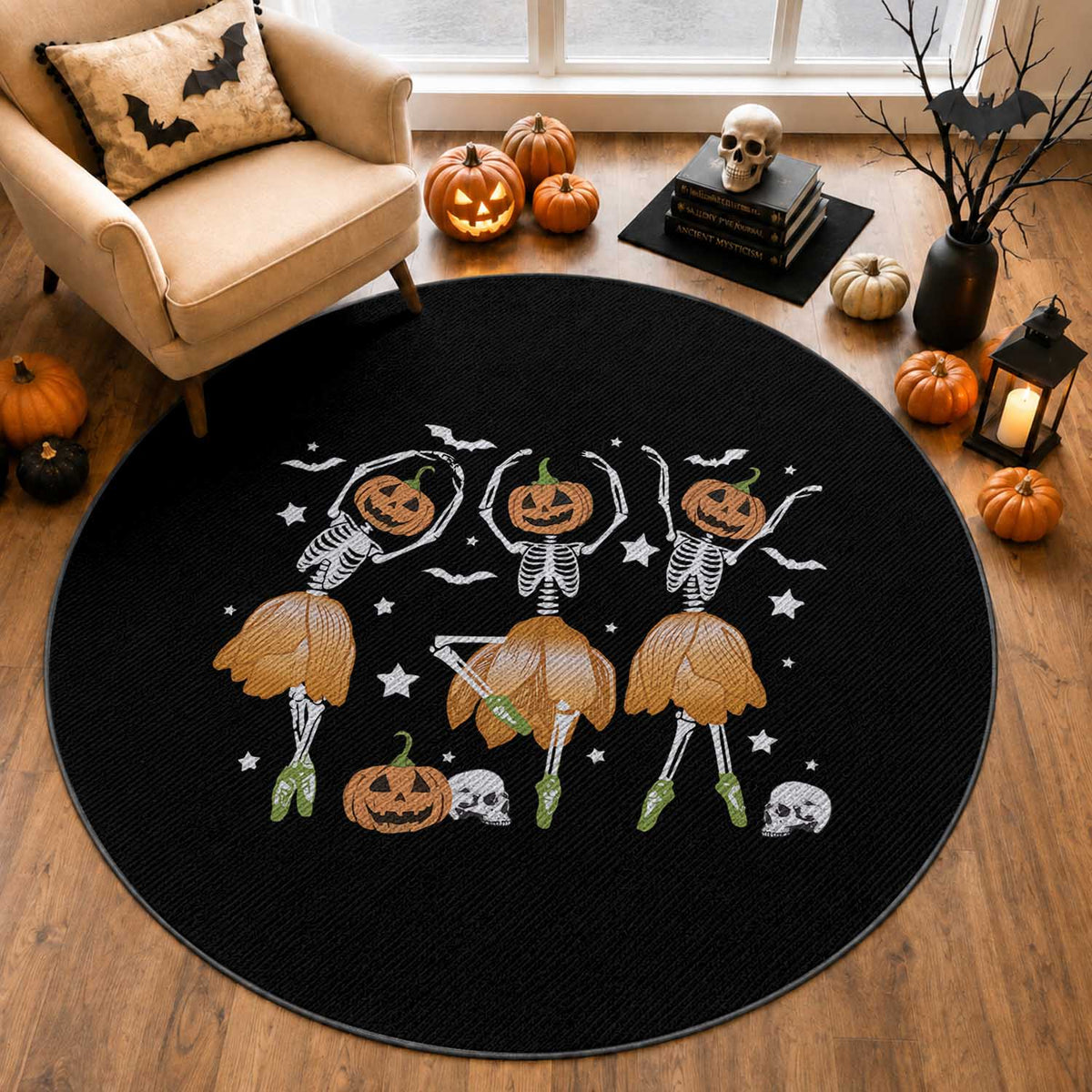 Funny Halloween Round Rug Ballerina Pumpkin Skeleton Pumpkin Flower