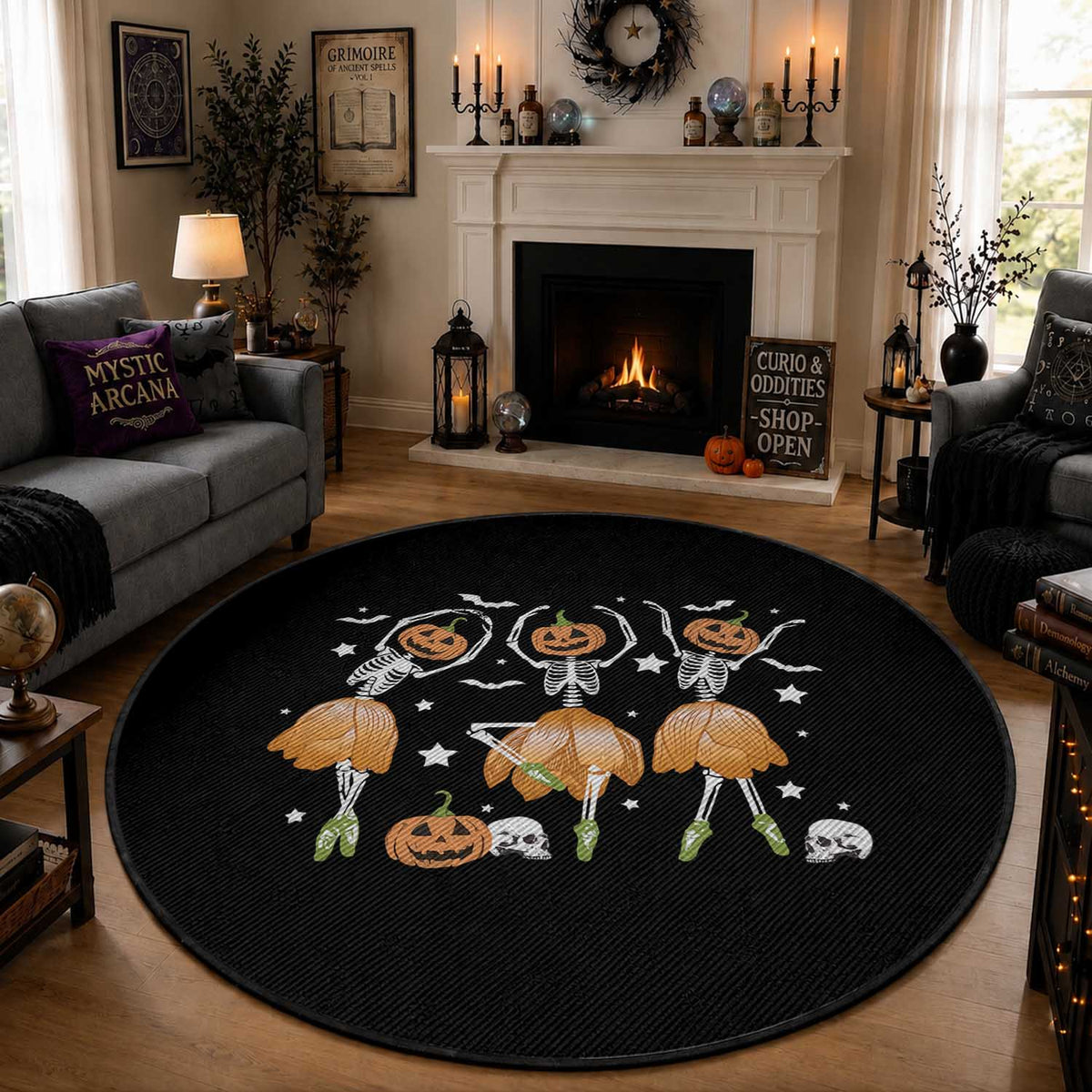 Funny Halloween Round Rug Ballerina Pumpkin Skeleton Pumpkin Flower