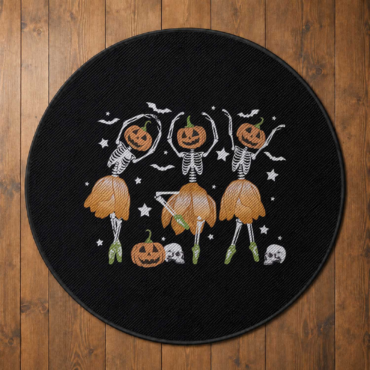 Funny Halloween Round Rug Ballerina Pumpkin Skeleton Pumpkin Flower