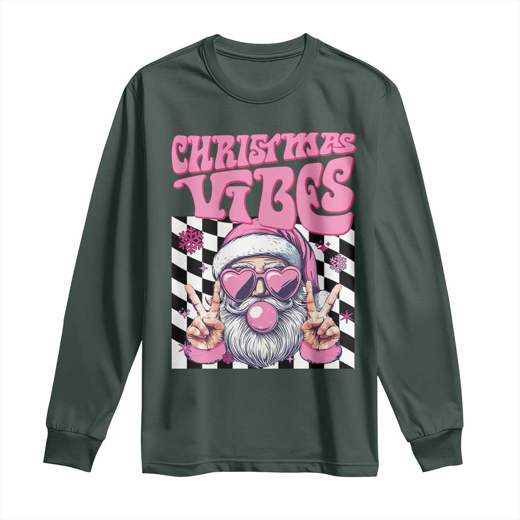 Funny Pink Santa Christmas Long Sleeve Shirt Christmas Vibes Checkboard TS11 Dark Forest Green Print Your Wear