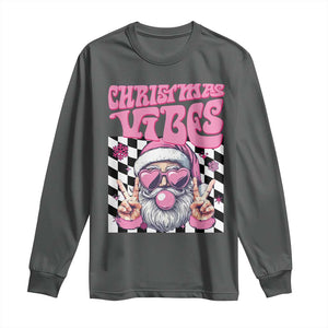 Funny Pink Santa Christmas Long Sleeve Shirt Christmas Vibes Checkboard TS11 Dark Heather Print Your Wear