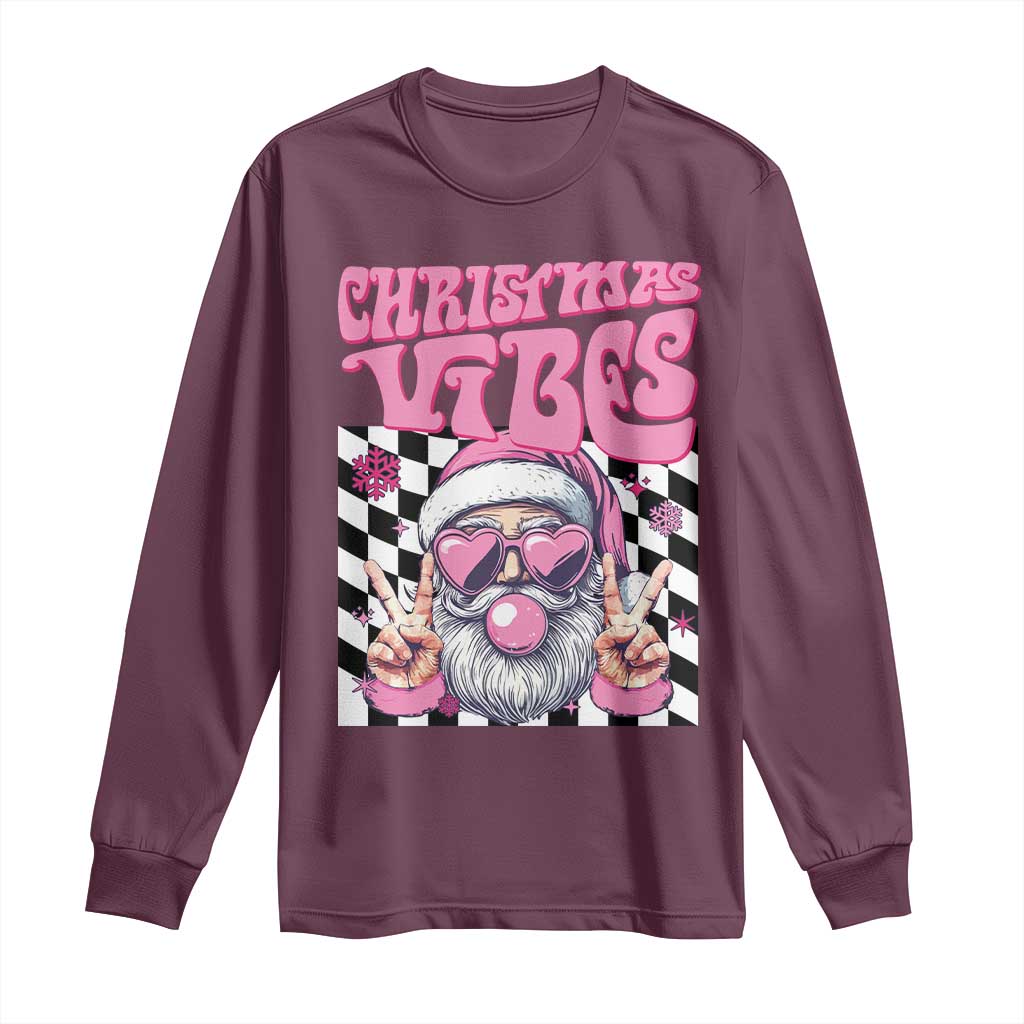 Funny Pink Santa Christmas Long Sleeve Shirt Christmas Vibes Checkboard TS11 Maroon Print Your Wear
