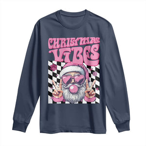 Funny Pink Santa Christmas Long Sleeve Shirt Christmas Vibes Checkboard TS11 Navy Print Your Wear