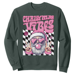 Funny Pink Santa Christmas Sweatshirt Christmas Vibes Checkboard TS11 Dark Forest Green Print Your Wear