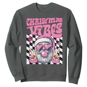 Funny Pink Santa Christmas Sweatshirt Christmas Vibes Checkboard TS11 Dark Heather Print Your Wear