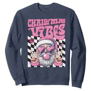 Funny Pink Santa Christmas Sweatshirt Christmas Vibes Checkboard TS11 Navy Print Your Wear