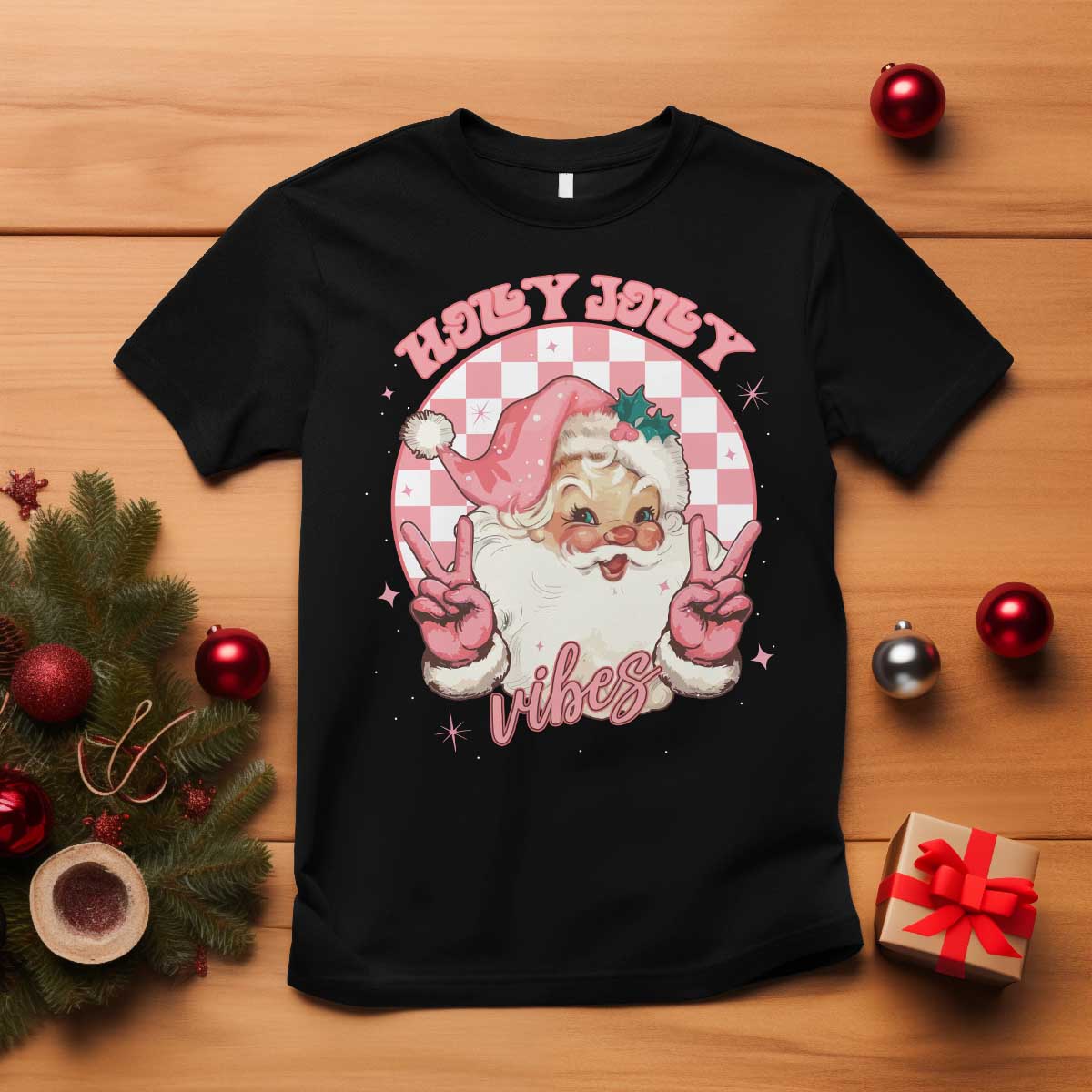 Funny Christmas T Shirt Holly Jolly Vibes Retro Pink Santa TS11 Black Print Your Wear