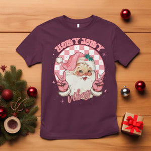 Funny Christmas T Shirt Holly Jolly Vibes Retro Pink Santa TS11 Maroon Print Your Wear