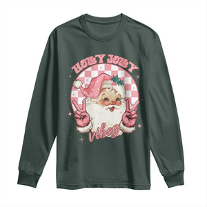 Funny Christmas Long Sleeve Shirt Holly Jolly Vibes Retro Pink Santa TS11 Dark Forest Green Print Your Wear