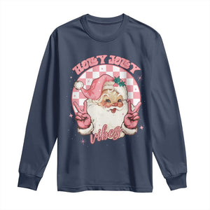 Funny Christmas Long Sleeve Shirt Holly Jolly Vibes Retro Pink Santa TS11 Navy Print Your Wear