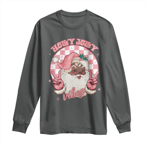 Funny Pink Christmas Retro Black Santa Long Sleeve Shirt Holly Jolly Vibes TS11 Dark Heather Print Your Wear