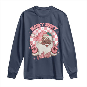 Funny Pink Christmas Retro Black Santa Long Sleeve Shirt Holly Jolly Vibes TS11 Navy Print Your Wear