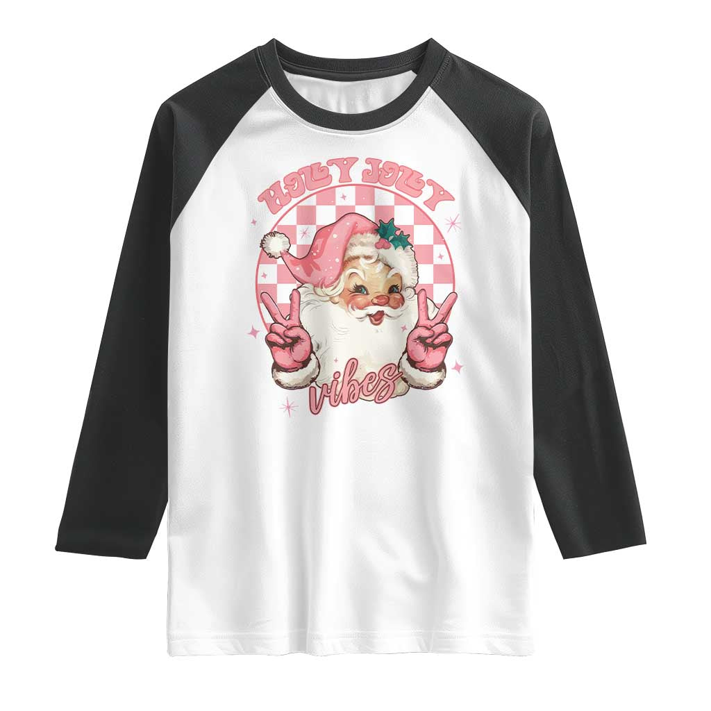 Funny Christmas Raglan Shirt Holly Jolly Vibes Retro Pink Santa TS11 White Black Print Your Wear