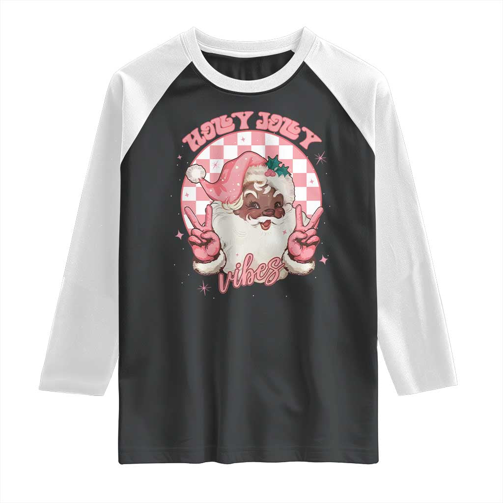 Funny Pink Christmas Retro Black Santa Raglan Shirt Holly Jolly Vibes TS11 Black White Print Your Wear
