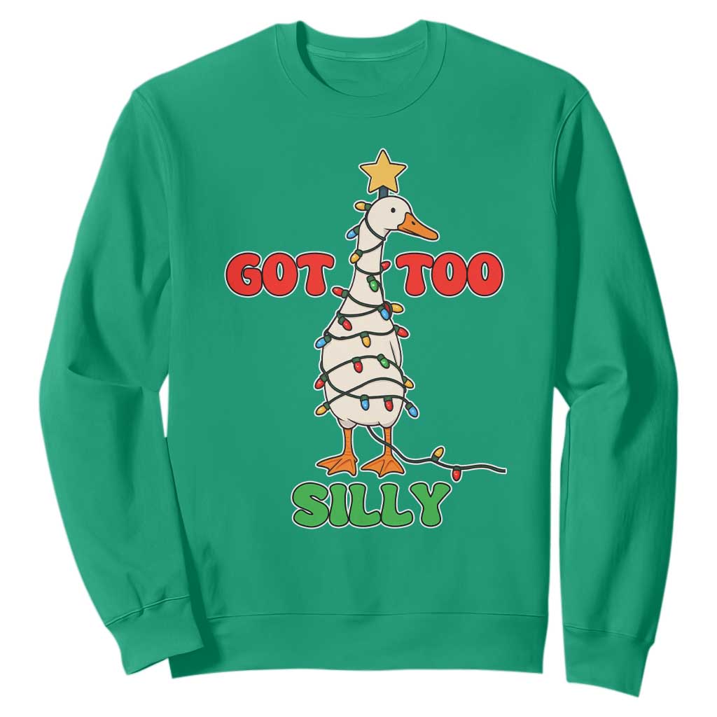 Funny Christmas Silly Goose Sweatshirt Got Too Silly Goose Pun Humor Xmas Tree TS11 Irish Green Print Your Wear