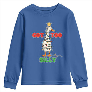 Funny Christmas Silly Goose Youth Sweatshirt Got Too Silly Goose Pun Humor Xmas Tree TS11 Royal Blue Print Your Wear