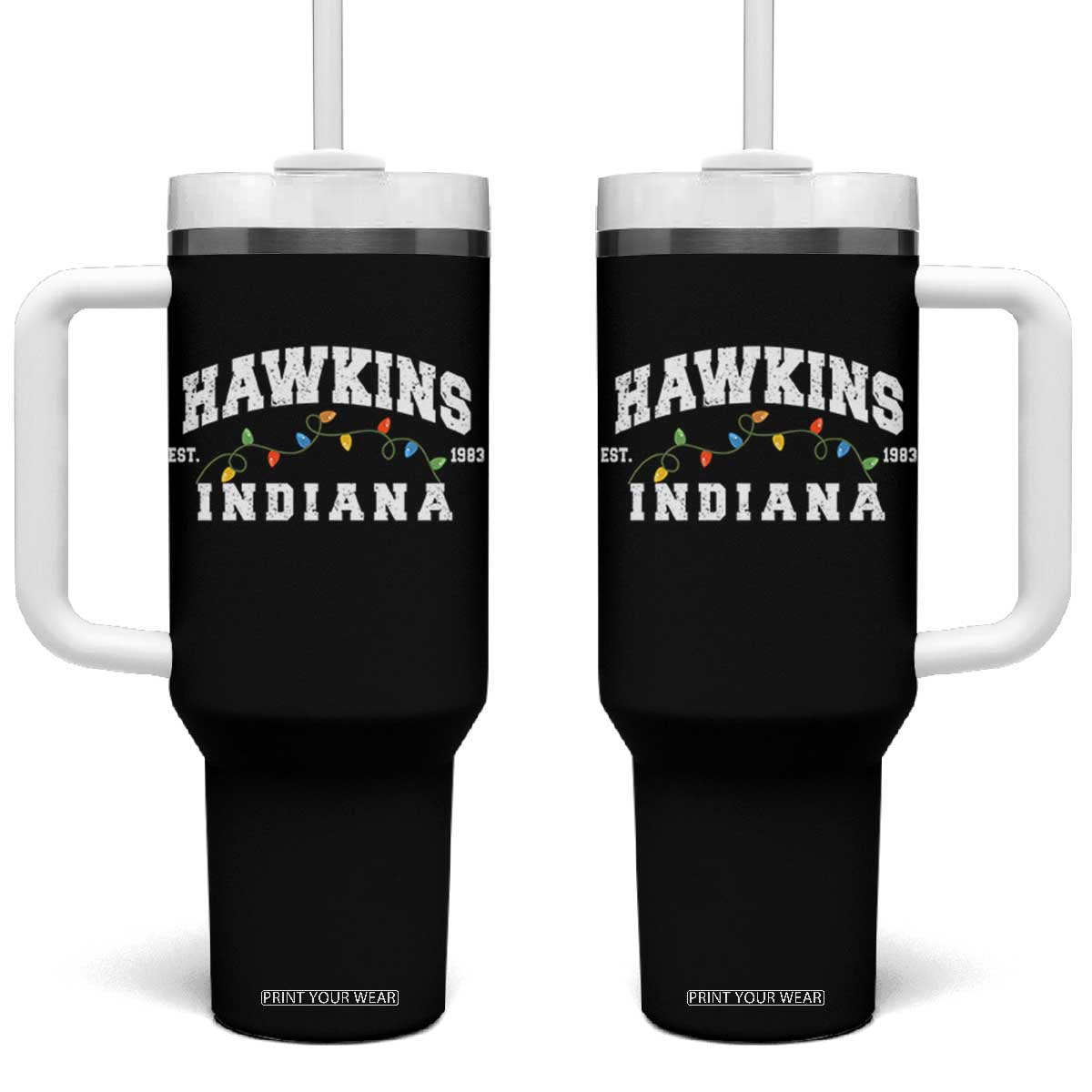 Funny Stranger Christmas Tumbler With Handle Hawkins Xmas Lights TS11 One Size: 40 oz Black Print Your Wear