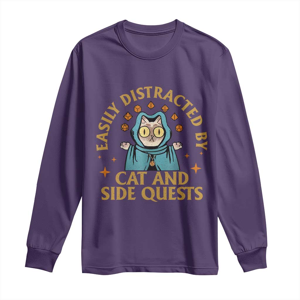 Funny Easily Distracted By Cats And Side Quests Long Sleeve Shirt RPG Tabletop Gamer TS11 Purple Print Your Wear