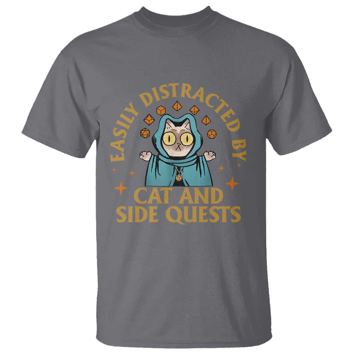 Funny Easily Distracted By Cats And Side Quests T Shirt RPG Tabletop Gamer TS11 Charcoal Print Your Wear