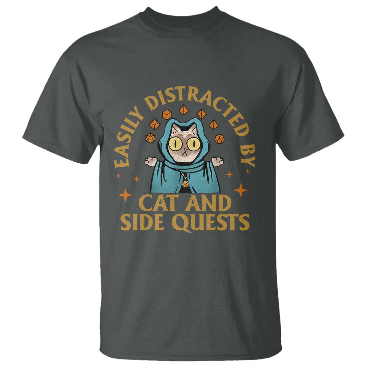 Funny Easily Distracted By Cats And Side Quests T Shirt RPG Tabletop Gamer TS11 Dark Heather Print Your Wear