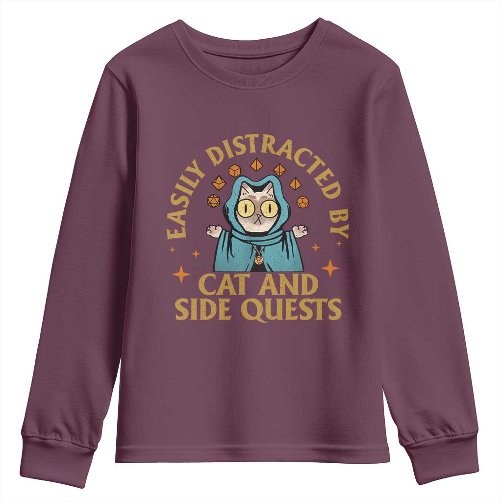 Funny Easily Distracted By Cats And Side Quests Youth Sweatshirt RPG Tabletop Gamer TS11 Maroon Print Your Wear