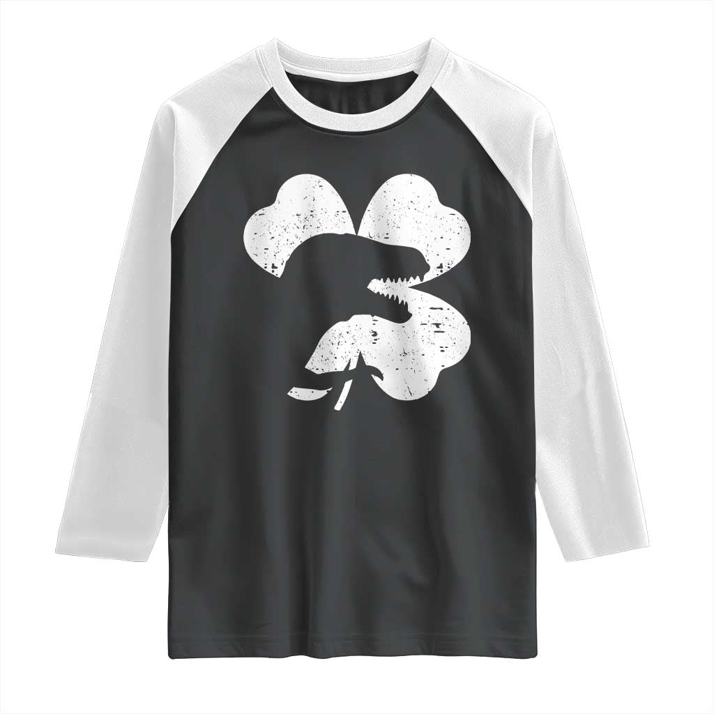 Funny St Patricks Day Dinosaur Shamrock Raglan Shirt TS11 Black White Print Your Wear