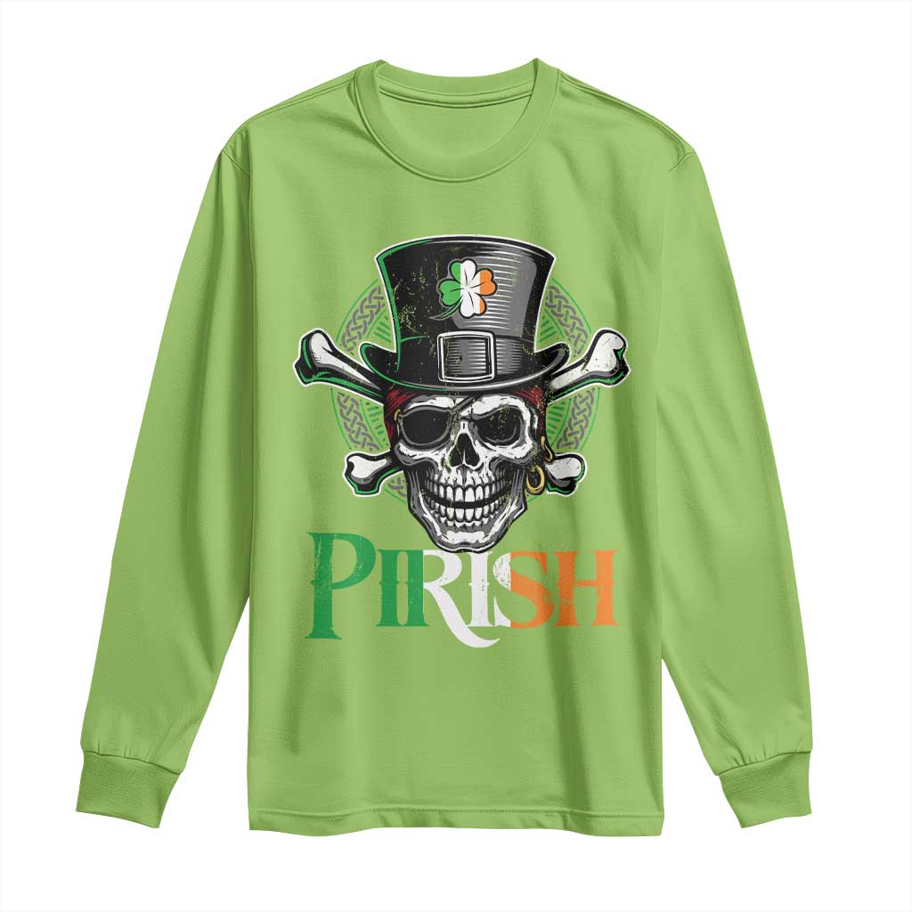 Funny St Patricks Day Pirate Long Sleeve Shirt Pirish Vintage Irish Pirate Skull TS11 Lime Print Your Wear