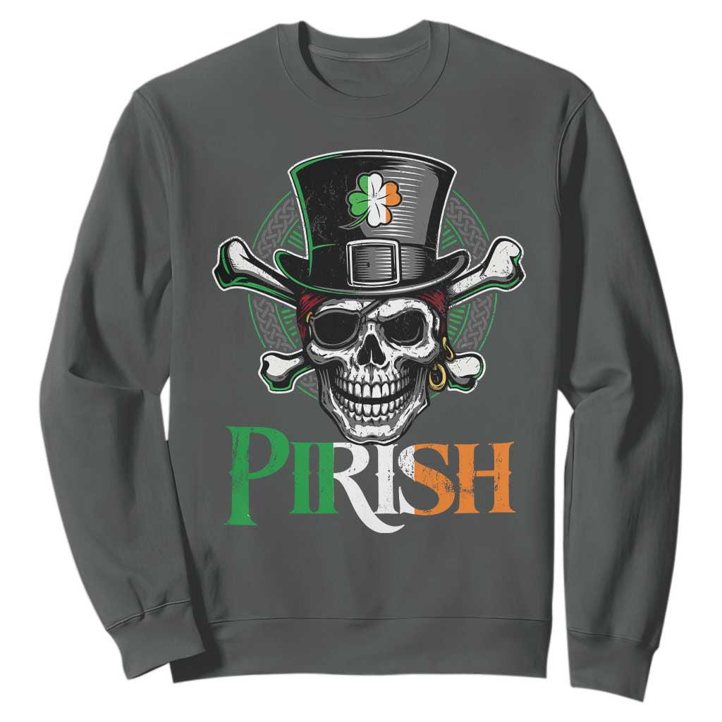 Funny St Patricks Day Pirate Sweatshirt Pirish Vintage Irish Pirate Skull TS11 Dark Heather Print Your Wear