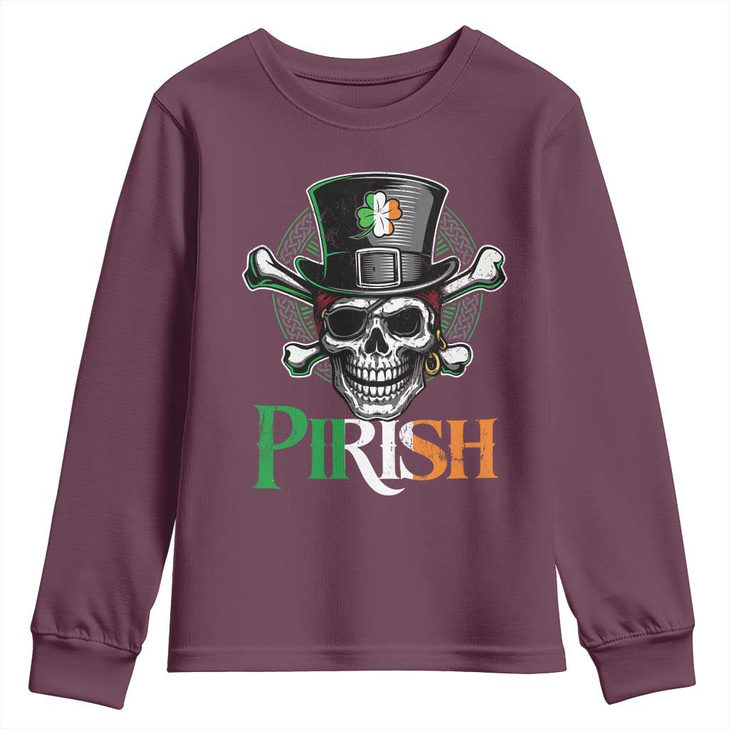 Funny St Patricks Day Pirate Youth Sweatshirt Pirish Vintage Irish Pirate Skull TS11 Maroon Print Your Wear
